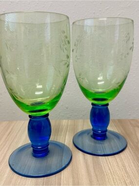 Pfaltzgraff Summer Breeze Iced Tea Glasses 7 1/2" tall green Bowl With Blue Stem